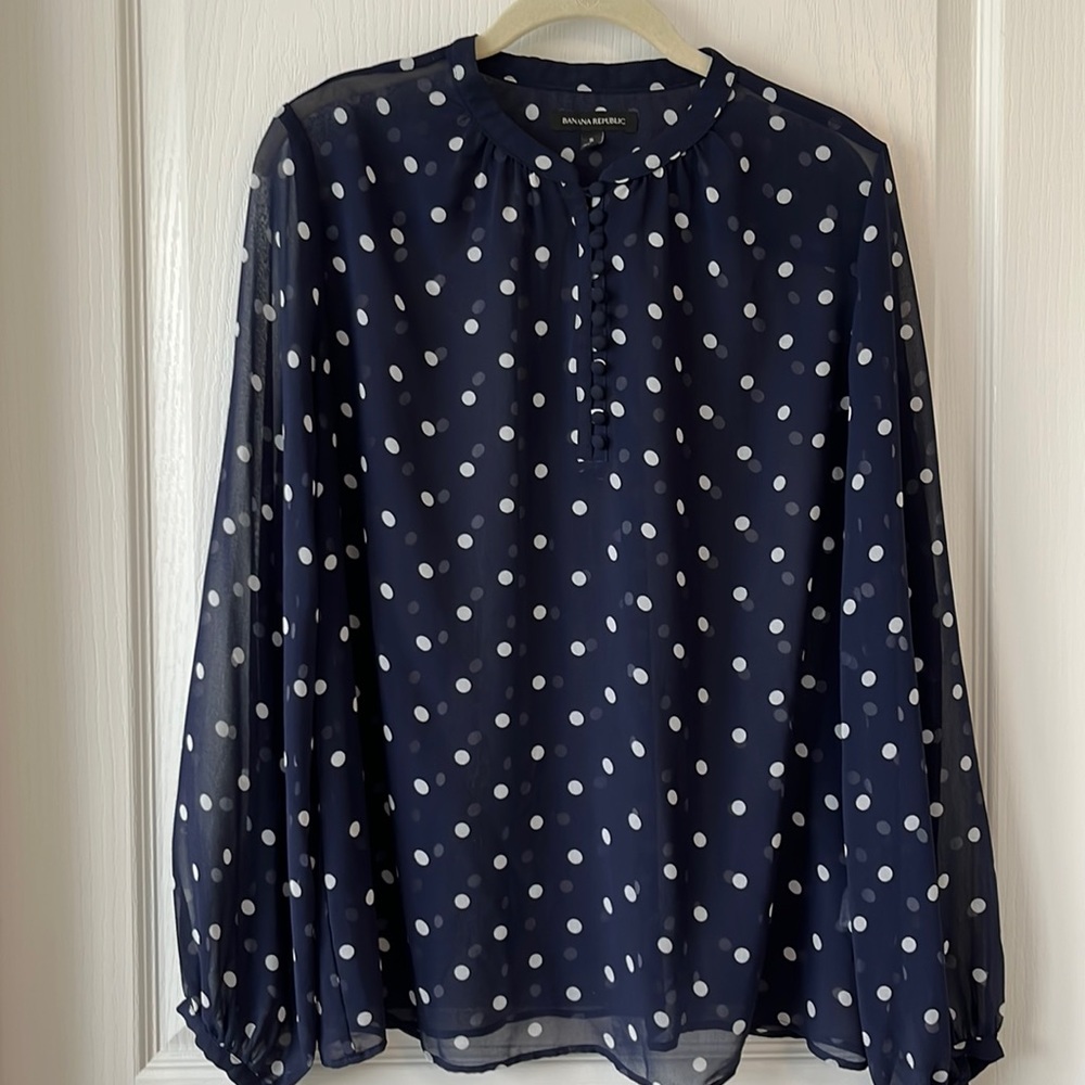 Banana Republic Women’s Navy Blouse Sheer Polka Dots Small